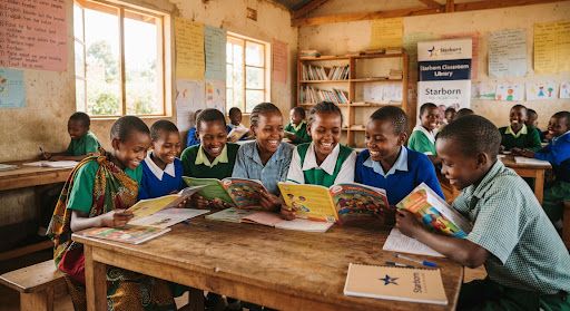 Students reading together in a classroom in Kenya
