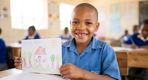 Student proudly showing a drawing